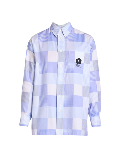 Shop Kenzo Men's Patchwork Logo Cotton Oversized Shirt In Light Blue
