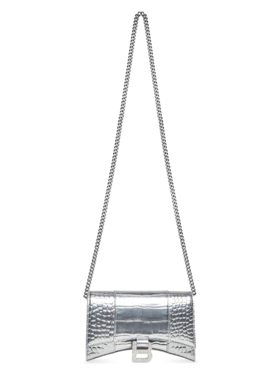 Shop Balenciaga Women's Hourglass Wallet With Chain Metallized Crocodile Embossed With Rhinestones In Silver