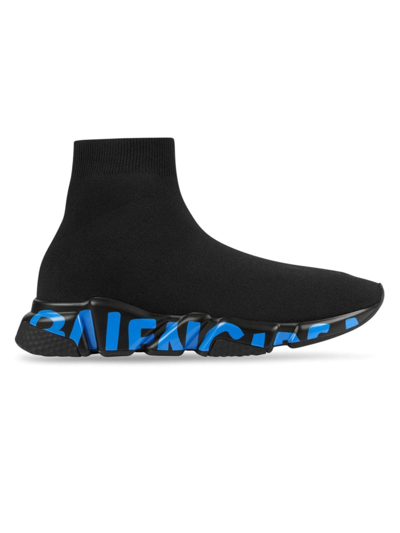 Shop Balenciaga Men's Speed Recycled Knit Graffiti Sneaker In Black Blue