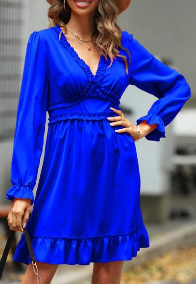 Shop Anna-kaci Lace V-neck Ruffle Swing Dress In Blue