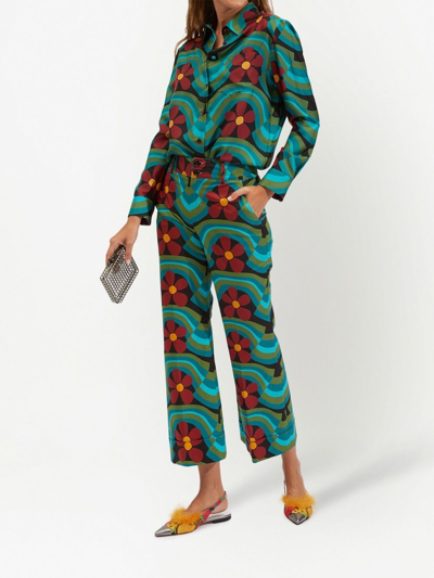 La Doublej Boy Flower And Wave Print Button-down Silk Shirt In Blue