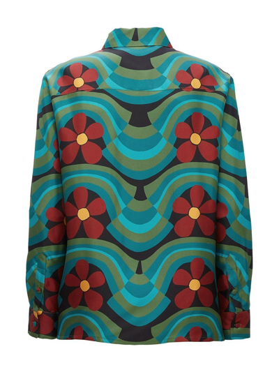 La Doublej Boy Flower And Wave Print Button-down Silk Shirt In Blue