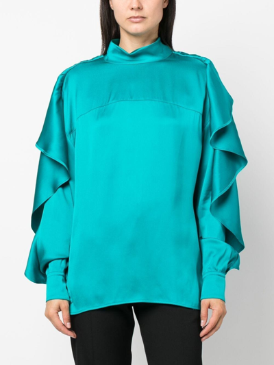 Shop Colville Ruffled-sleeve Satin Blouse In Blue
