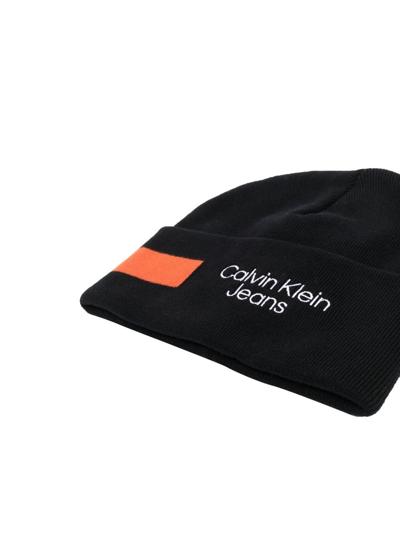 Shop Calvin Klein Embroidered-logo Knitted Hat In Black