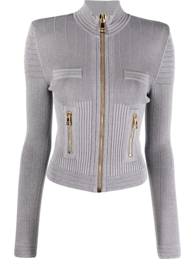 Shop Balmain Ribbed-knit Fitted Cardigan In Grey