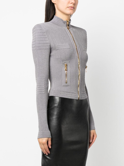 Shop Balmain Ribbed-knit Fitted Cardigan In Grey