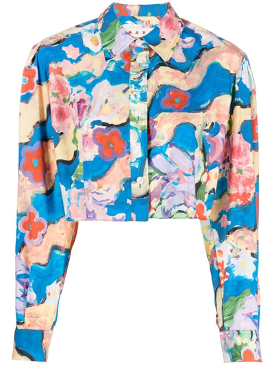 Shop Marni Floral-print Cropped Shirt In Blue