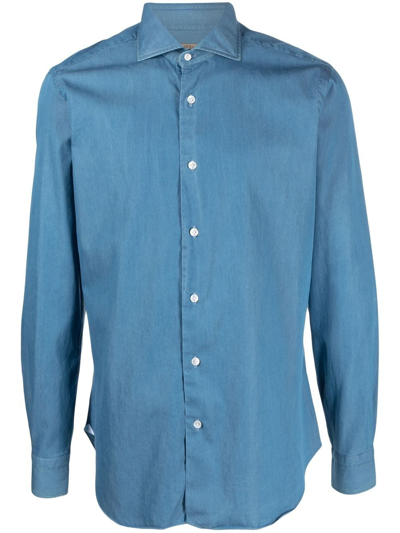 Shop Barba Spread-collar Denim Shirt In Blue