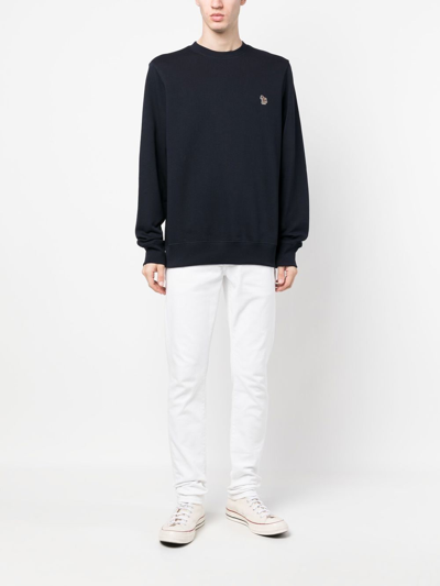 Paul Smith Navy Blue Organic Cotton Crew Neck Sweater With Zebra Motif In Blue
