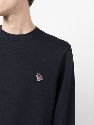 Paul Smith Navy Blue Organic Cotton Crew Neck Sweater With Zebra Motif In Blue