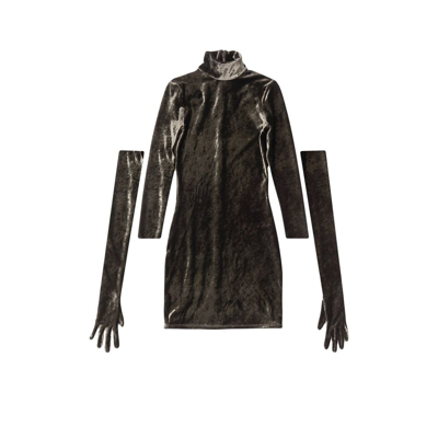 Shop Balenciaga Brown Crushed Velvet Dress With Gloves