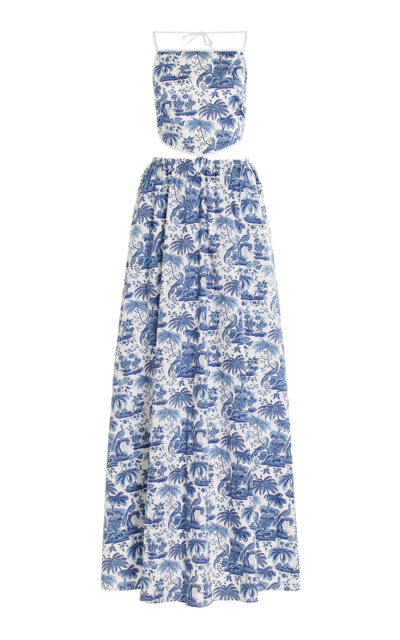 Shop Staud Myla Cutout Printed Stretch-cotton Maxi Dress In Blue
