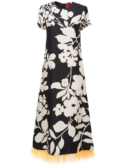 La Doublej Floral-print Silk Swing Dress With Feather Trim In Black