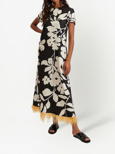 Shop La Doublej Swing Feather-trim Silk Maxi Dress In Black