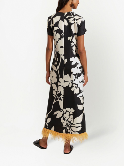 La Doublej Floral-print Silk Swing Dress With Feather Trim In Black