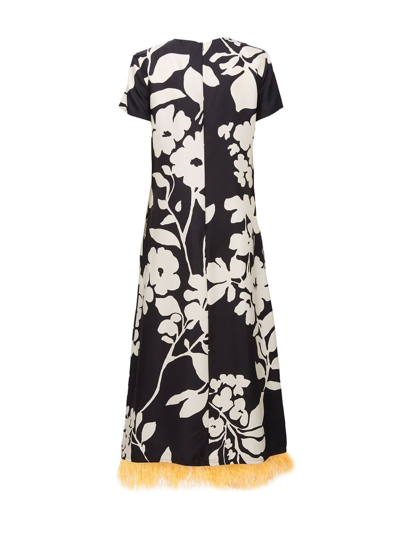 La Doublej Floral-print Silk Swing Dress With Feather Trim In Black