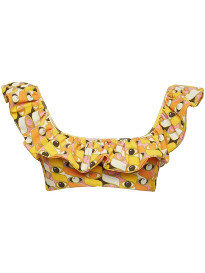 Shop La Doublej Ruffle Graphic-print Bikini Top In Yellow