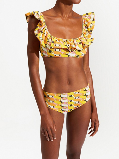La Doublej Ruffled Printed Bikini Top In Yellow