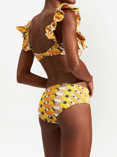 La Doublej Ruffled Printed Bikini Top In Yellow