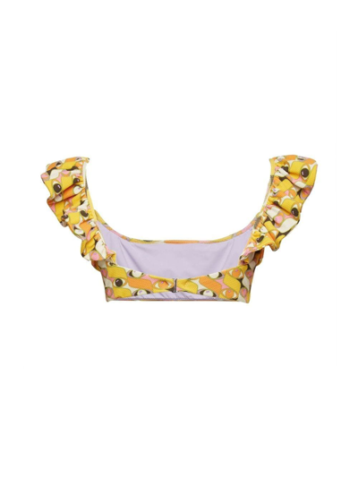 La Doublej Ruffled Printed Bikini Top In Yellow