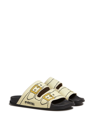 Marni Buckle-print Double-strap Slides In Neutrals