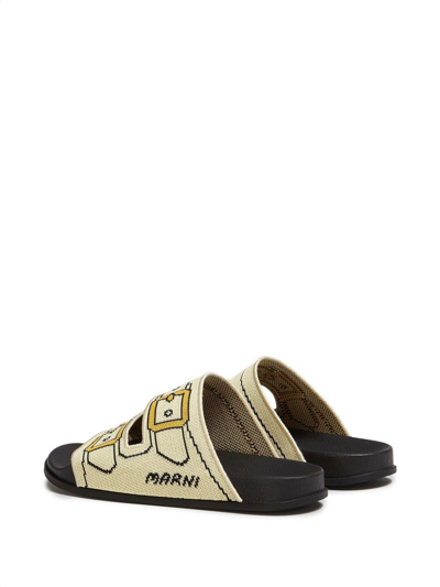 Marni Buckle-print Double-strap Slides In Neutrals