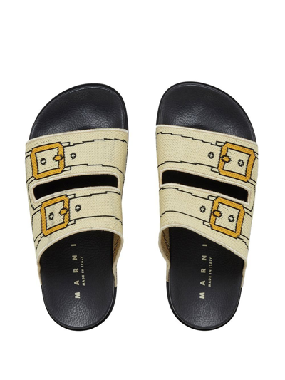 Marni Buckle-print Double-strap Slides In Neutrals