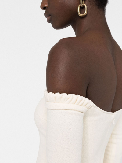 Khaite Octavia Off-the-shoulder Wool-crepe Mini Dress In Neutrals