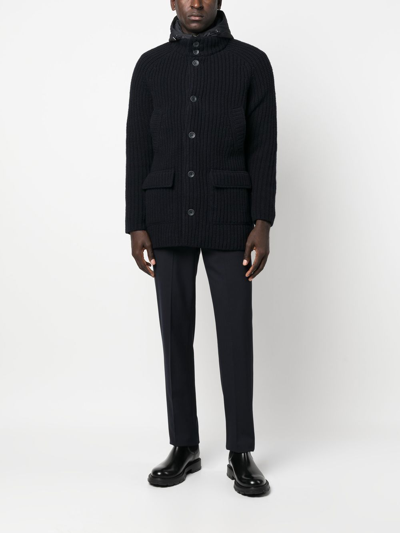 Herno Ribbed-knit Hooded Coat In Blue