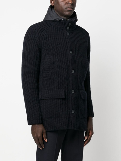 Herno Ribbed-knit Hooded Coat In Blue