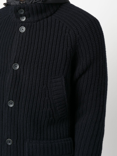 Herno Ribbed-knit Hooded Coat In Blue