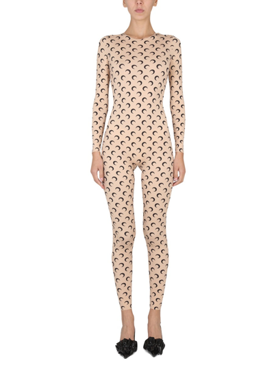 Shop Marine Serre Tight-fitting Jumpsuit All Over Moon In Beige