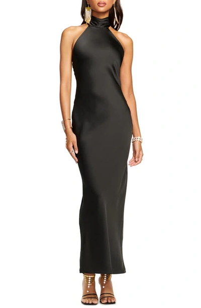 Shop Ramy Brook Tatiana Halter Neck Satin Gown In Black