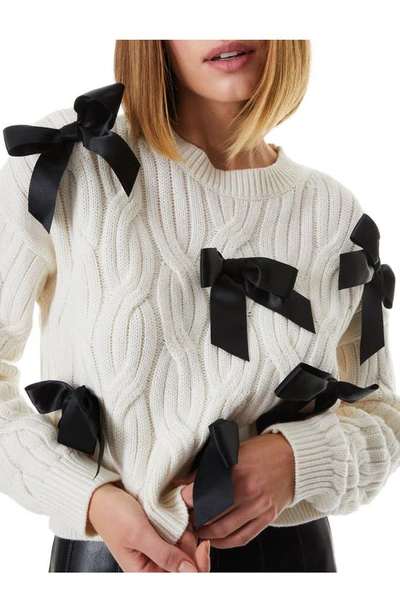 Shop Alice And Olivia Beau Relaxed Fit Bow Detail Cable Sweater In Ecru/ Black
