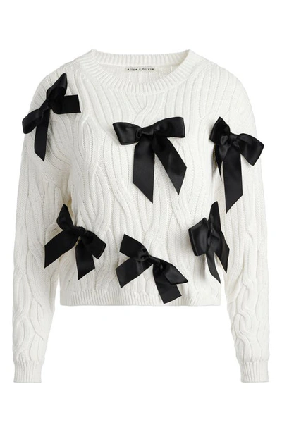Shop Alice And Olivia Beau Relaxed Fit Bow Detail Cable Sweater In Ecru/ Black