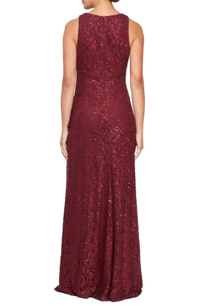 Alex Evenings Sequin Lace Cascading Ruffle Gown In Wine