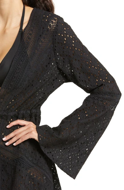 Shop Ramy Brook Simona Long Sleeve Cotton Eyelet Cover-up Dress In Black