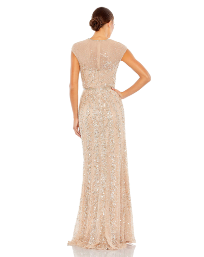 Shop Mac Duggal Embellished Illusion High Neck Cap Sleeve Gown In Nude