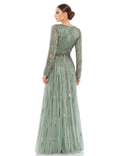 Shop Mac Duggal Sequined V Neck Illusion Sleeve A Line Gown In Sage