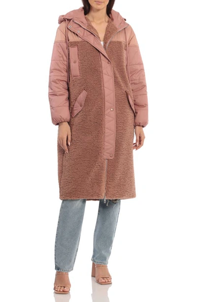 Shop Avec Les Filles Mixed Media Faux Shearling Hooded Coat In Amber