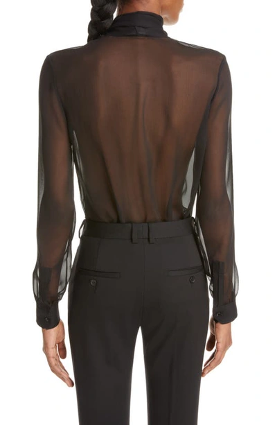 Shop Saint Laurent Sheer Tie Neck Long Sleeve Silk Blouse In Noir