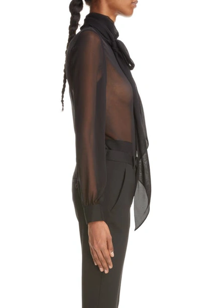 Shop Saint Laurent Sheer Tie Neck Long Sleeve Silk Blouse In Noir