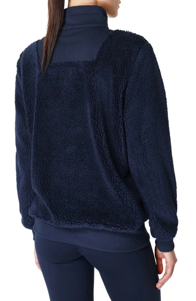 Shop Sweaty Betty Faux Shearling Quarter Zip Pullover In Navy Blue