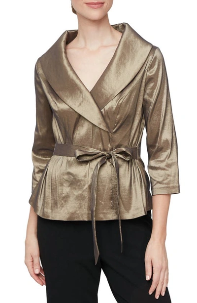 Alex Evenings Brushed Satin Tie Waist Blouse In Bronze