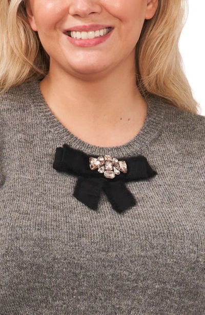 Cece Crystal Bow Puff Sleeve Sweater In Smoke Grey