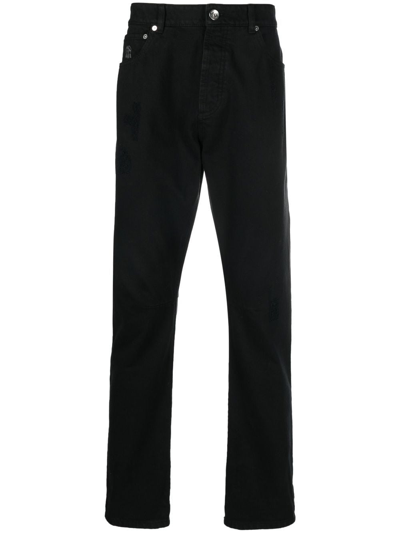 Shop Brunello Cucinelli Logo-embroidered Straight-leg Jeans In 黑色