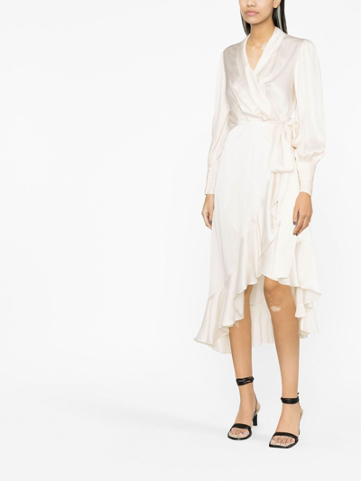 Zimmermann Balloon-sleeve Silk-satin Wrap Midi Dress In Neutrals