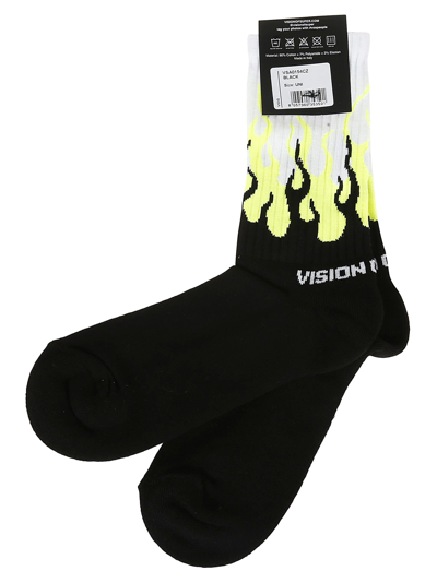 Shop Vision Of Super Black Yellow Fluo Double Flames Socks
