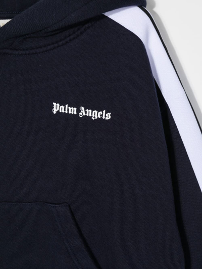 Shop Palm Angels Kids Navy Blue Hoodie With Contrast Logo And Stripes