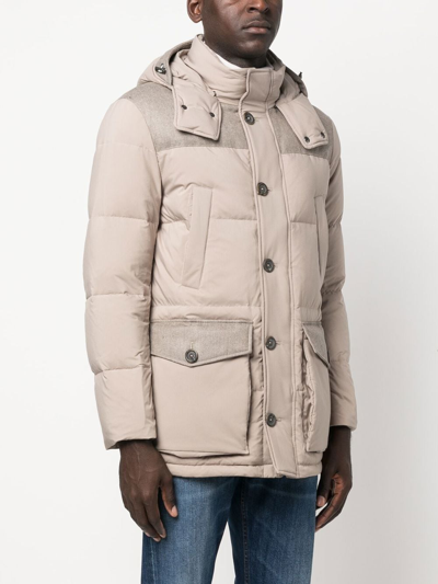 Shop Canali Contrasting-panel Feather-down Coat In Neutrals